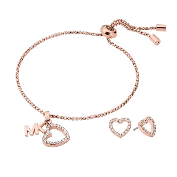 MICHAEL KORS Rose Gold Crystal Heart Logo Slider Bracelet Stud Earring Boxed Set - Picture 3 of 10